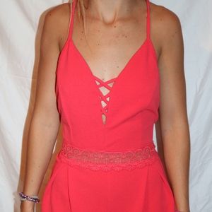 Coral Romper with Lace Detail